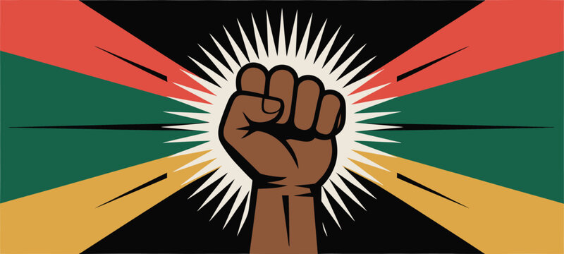 Raised Black Power Fist Vector with Pan-African Flag Sunburst