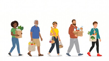 Fototapeta premium A diverse group of people walking together while carrying various grocery bags filled with fresh organic vegetables and healthy food items isolated on white background