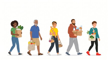 Obraz premium A diverse group of cheerful people walking in a line while carrying various paper bags and eco friendly mesh totes filled with fresh organic groceries and healthy food items on white background.