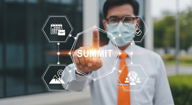 Businessman in face mask interacting with virtual summit interface outdoors in modern setting with futuristic graphics