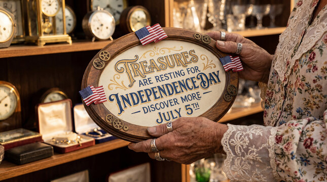 vintage shop closed July 4 Independence Day holiday closure sign warm interior reopening notice antique store hands hold treasures resting notice for collectible retail hours patriotic decor and