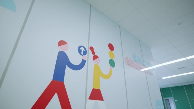 Children with road sign and traffic lights images on wall of school corridor. Teaching kids safety rules at elementary classes. Education