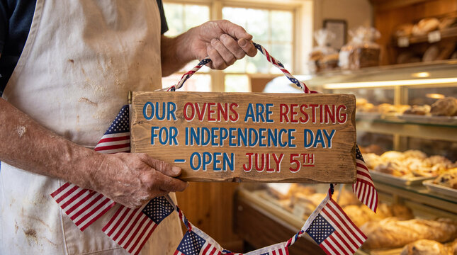 bakery closed July 4 Independence Day holiday closure sign notice warm interior reopening notice flour dusted hands hold ovens resting message near pastries for food shop hours and fresh bread