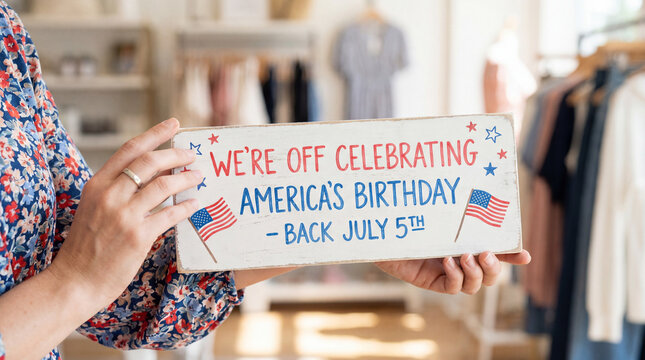 boutique closed July 4 Independence Day holiday closure sign notice warm interior reopening notice fashion store owner holds America birthday message for apparel retail hours style shoppers and