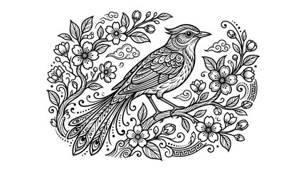 Fototapeta premium Intricate Bird and Cherry Blossoms Line Art Illustration