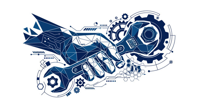 Futuristic Robotic Hand Holding Wrench and Gears, Digital Engineering Concept