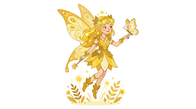 Golden Fairy with Butterfly and Magical Wand in Enchanted Garden