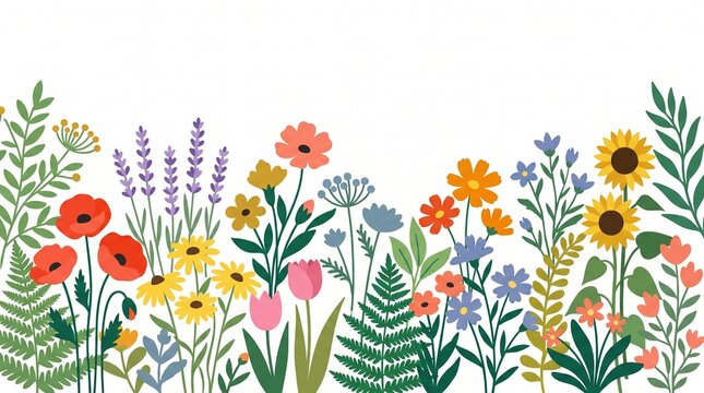 A vibrant flat vector illustration featuring a diverse collection of colorful wildflowers and lush green foliage arranged in a horizontal decorative botanical border on white background
