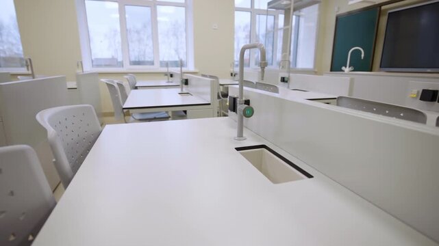 Sink with tap on student desk in school chemistry classroom. Workplace prepared for tests during natural science lessons in college lab