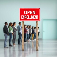 Fototapeta premium Open enrollment sign with people waiting in line at modern office