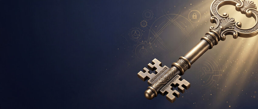 Antique golden key with ornate design glowing under a spotlight on a dark background with gear graphics