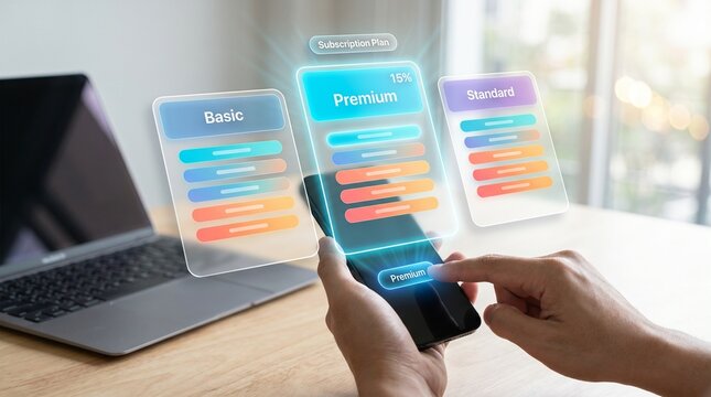 Hands holding smartphone with saas pricing subscription plans floating above screen near laptop on wooden desk in modern office
