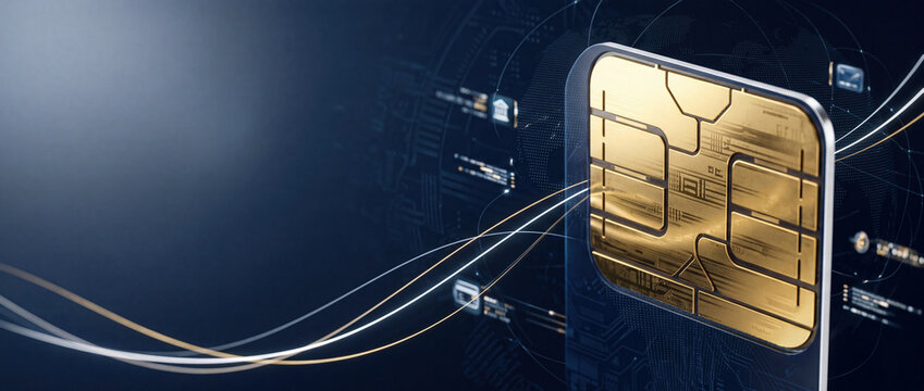 Close-up of a golden electronic microchip sim card on a dark blue tech background with digital lines and copy space