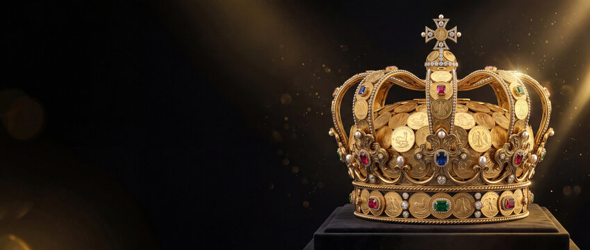 Golden royal crown adorned with precious gems and gold coins on a dark background with dramatic light