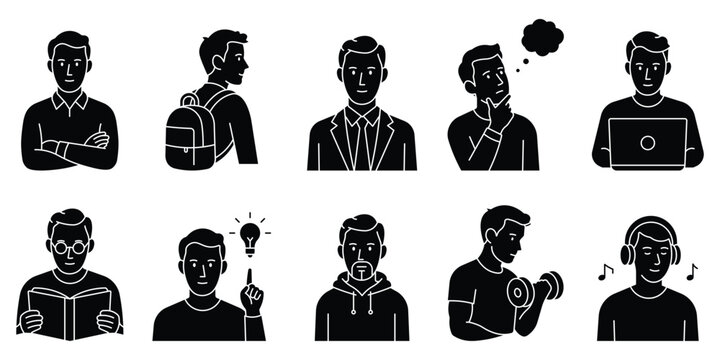 Men lifestyle concepts solid avatar icon collection including business, travel, studying, thinking, working, reading, idealizing, exercising and listening to music vector illustration.