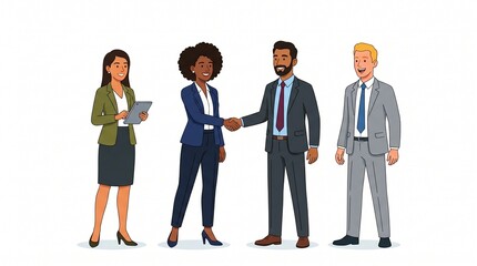 Obraz premium Diverse professional business team members are shaking hands and holding a tablet in this high quality colorful cartoon illustration depicted on white background