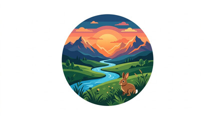 Serene Mountain Valley Landscape with River and Wildlife. © David