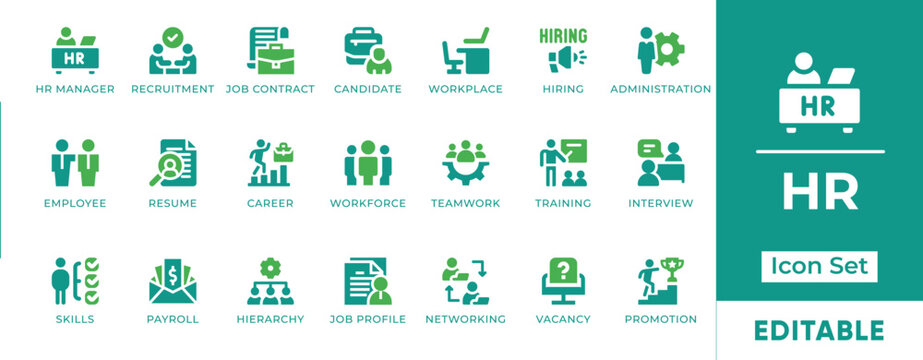 Human Resources HR Recruitment Payroll Resume Interview Employee Management Vector Icon Set