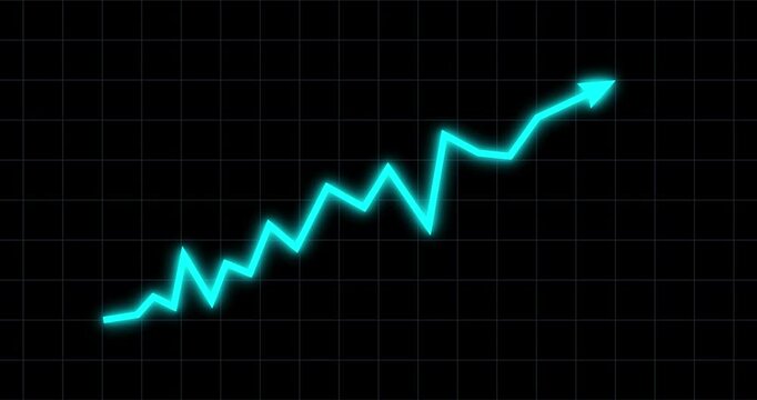 Chart arrow irregular still goes up blue light glow on black grid. Graph rising fast. Business cartoon animation. Economy metaphor.
