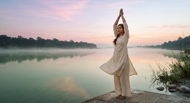 Woman practicing yoga by a misty river at sunrise