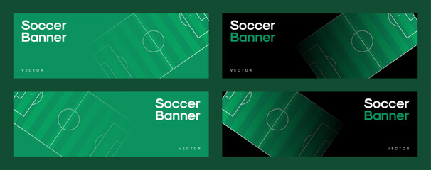Soccer banner templates. Vector web banner design with football pitch illustration background. Soccer field backgrounds with copy space. © Vector Archive