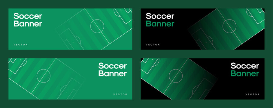 Soccer banner templates. Vector web banner design with football pitch illustration background. Soccer field backgrounds with copy space.