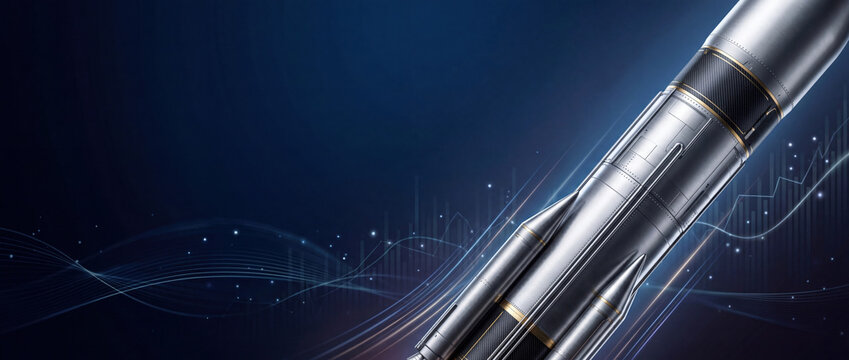 Metallic rocket and boosters ascend through a deep blue digital space with data graphs banner