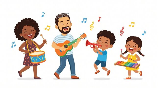 A happy diverse family playing musical instruments including a guitar, a trumpet, a colorful drum, and a xylophone together in a joyful scene on white background