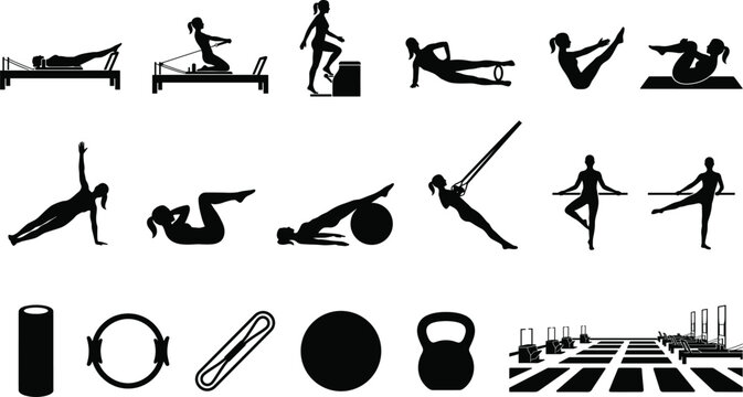 Fitness and exercise silhouettes with Pilates reformer, strength training, suspension workouts, gym equipment, and workout icons
