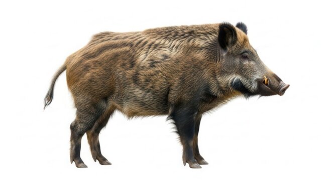 Wild Boar Isolated on White Background - Full Body Profile of a Large Male Sus Scrofa with Tusks