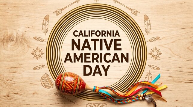 Graphic design celebrating California Native American Day, featuring stylized text within a circular pattern, decorated with a traditional wooden maraca and colorful ribbons on a light wood