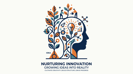 Nurturing Innovation: Growing Ideas into Reality, Human Head Silhouette with Plant and Lightbulb © Reza