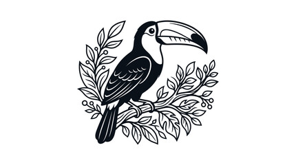 Fototapeta premium Toucan Bird Perched on Branch with Leaves - Stylized Illustration