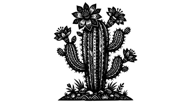 Cactus engraving vector in Brazilian Cordel woodcut folk art style