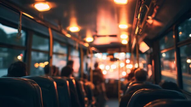 Evening city bus interior with passengers sitting quietly, illuminated by warm streetlights and soft ambient lighting. Urban commuters travel home as dusk settles outside the windows