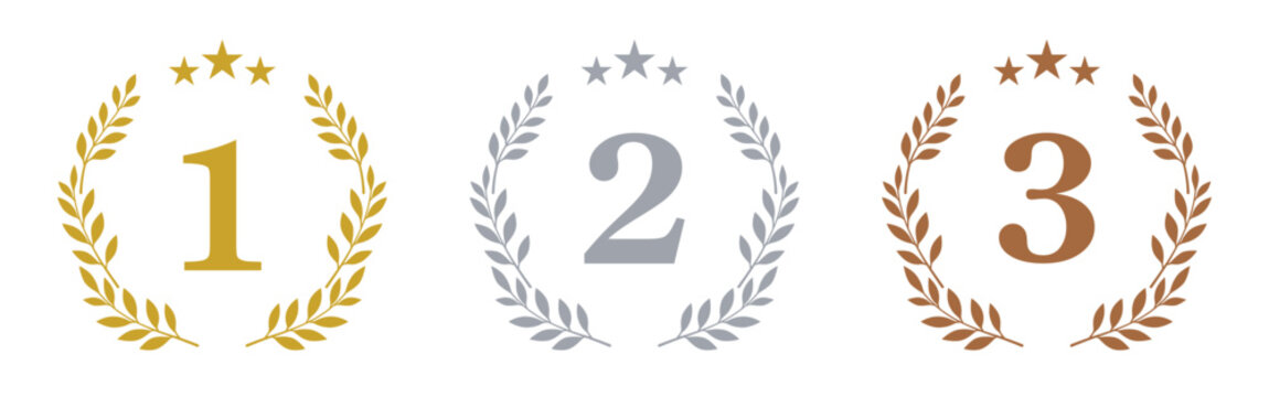 Minimal award icon collection with gold silver and bronze ranking symbols isolated on transparent background. Elegant first second and third place badges with stars and laurel wreaths suitable for com