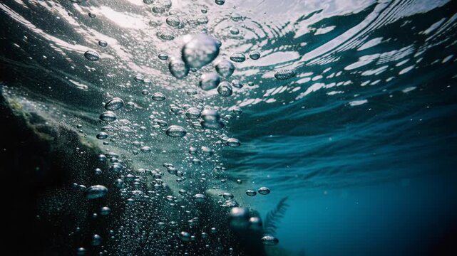 Underwater bubble sea ocean water nature blue wave abstract motion travel underwater bubble rise in clear blue ocean water with gentle wave surface