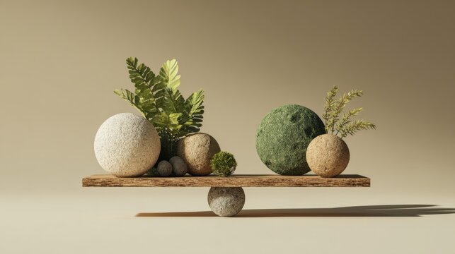 A minimalist composition of spheres and greenery arranged on a wooden balance scale, creating a sense of equilibrium and harmony