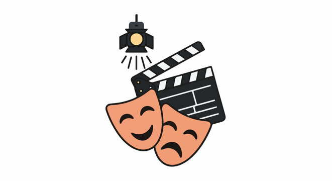 Symbols of theater and film comedy and tragedy masks, clapperboard, spotlight