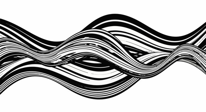 Abstract black and white wavy lines create a dynamic, flowing visual effect