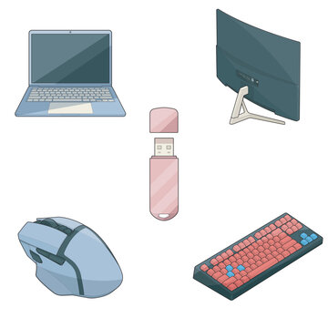 Isometric desktop hardware elements and pc peripheral colored vector bundle for desk setup chart