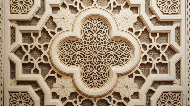 Ornate islamic geometric wood carving with intricate arabesque patterns