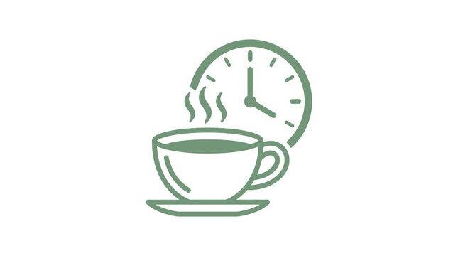 Steaming cup of coffee and clock.