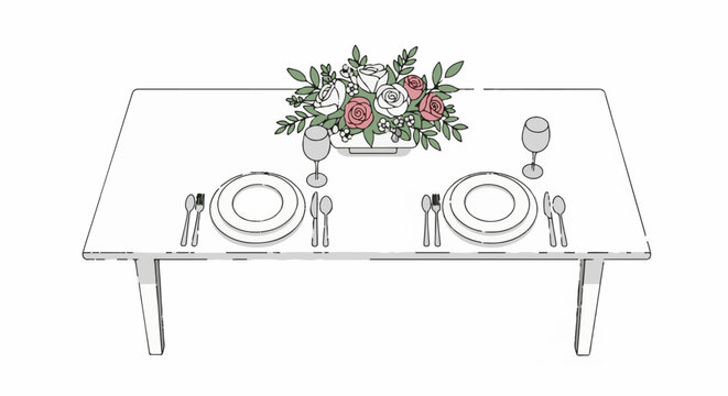 A table is set for two with a floral centerpiece and elegant place settings