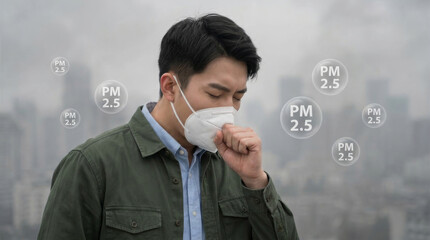 Fototapeta premium Pollution smog air urban man mask cough particulate city haze Urban man wear mask cough during pollution smog air emergency. toxic smoke carbon emission. city fog, environmental climate health