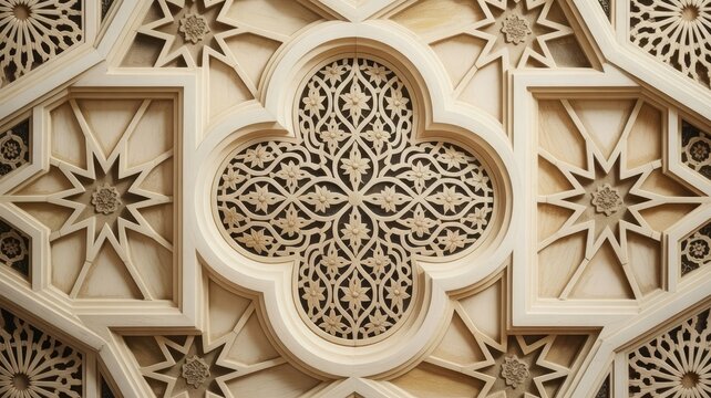 Ornate islamic geometric wood carving with intricate star and quatrefoil patterns