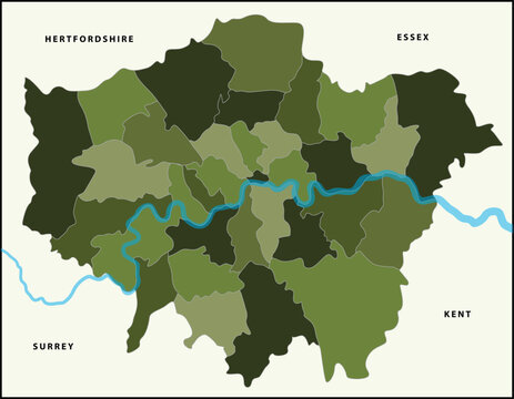 Map of london boroughs showing city districts and river thames illustration
