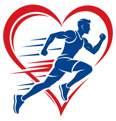 Obraz premium Dynamic male runner sprinting inside a large red heart shape on a white background
