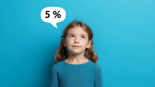Smiling young girl in a blue sweater stands against a vibrant blue background with a blank speech bubble above her head. She looks up thoughtfully, sparking imagination and creativity