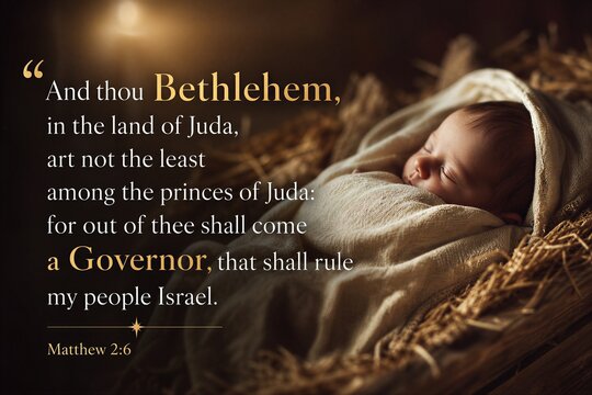 Matthew 2:6 Biblical Verse Proclaiming Bethlehem's Significance as Birthplace of Israel's Governor, Displayed with Spiritual Elegance.